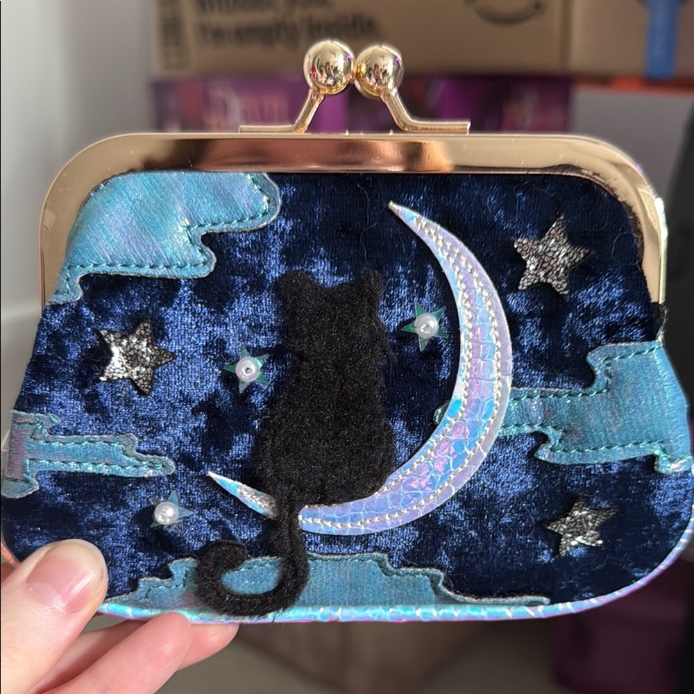 Starry Night Blue Velvet Cat and Moon Clutch